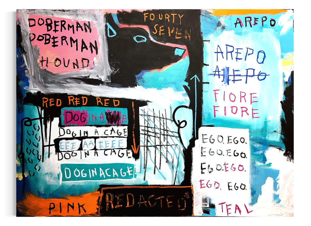 DOG IN CAGE acrylic and oil pastel 48x36in